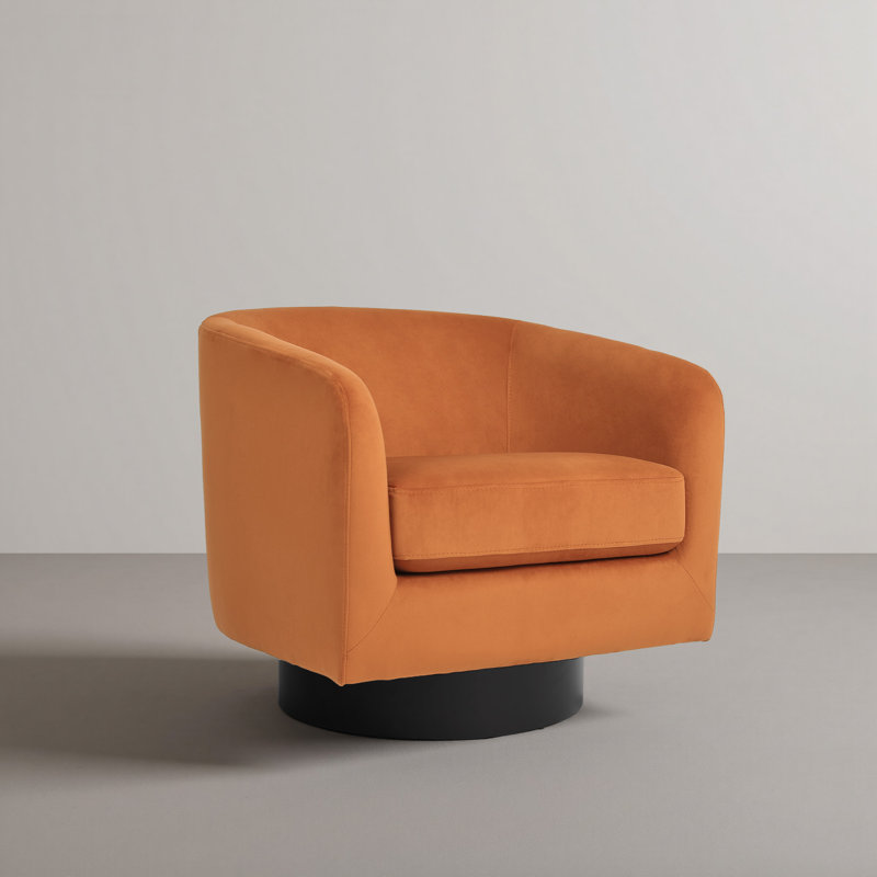 Eugenie Applewold Upholstered Orange Velvet Swivel Barrel Chair with Solid Wood Base, Orange