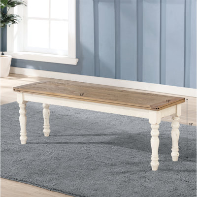 Banc en chêne patiné et blanc antique pour la maison. Bois d'hévéa massif. 52 po x 15 po x 18 po. Assemblage requis pour une salle à manger deux tons. Chêne. L 52 po x P 15 po H 18 po.