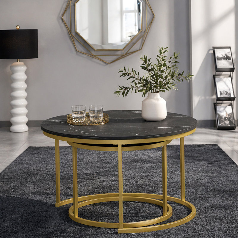 Ensemble de 2 tables basses gigognes 27,6 po, plateau de table rond en marbre et structure en métal robuste, tables d'appoint de table de bout pour le salon, la chambre et le balcon