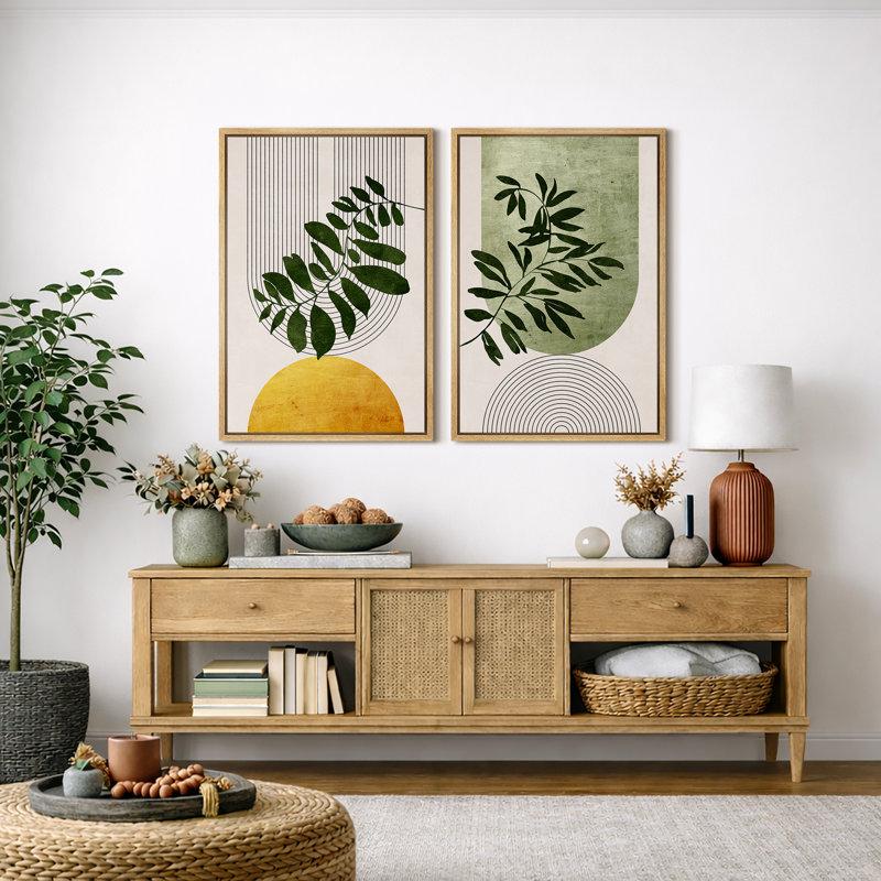 Boho de style Mid-Century moderne, "Bold Bright Yellow & Green Leaves, H 24 po x l 32 po, Cadre naturel flottant