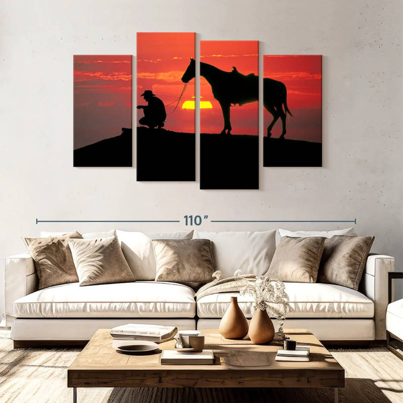 Cowboy de Brampt au coucher du soleil, H 54 po x l 84 po
