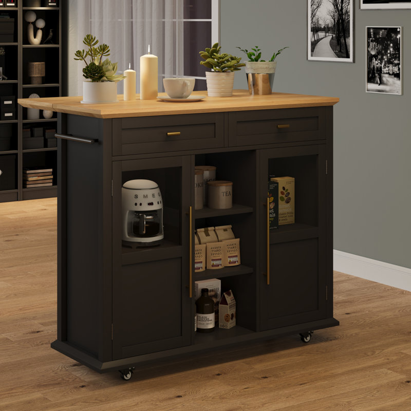 Kitchen Island Cart on Wheels with Foldable Table - 2-Tier Rolling Cart with Storage Shelf and Towel  for Kitchen Use, Black