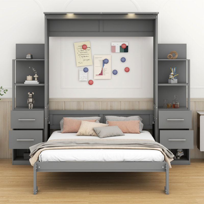 Lit escamotable mural Murphy avec tablettes, tiroirs et lumières DEL, Gris