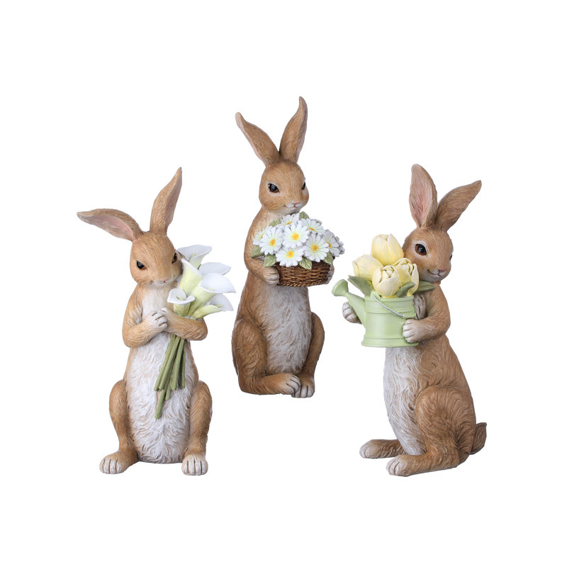 Lapin en résine 11,5 po avec bouquet floral, Brun / blanc / jaune