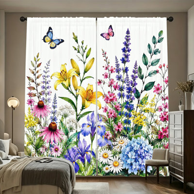 2PCS Vibrant Wildflower Meadow Pattern Light Filtering Curtains, Colorful Wild Blooms with Butterflies, Cheerful Spring Garden Theme, Rod Pocket Design, Decorative Window Treatments for Living Room, Bedroom