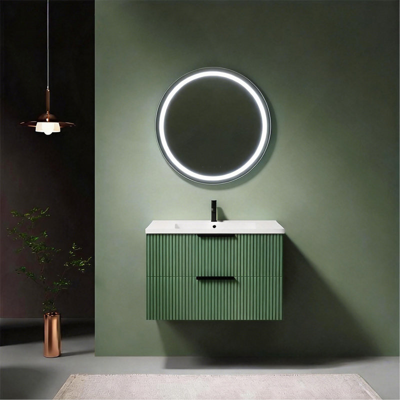 Meuble-lavabo 30 po avec lavabo en céramique - Meuble-lavabo flottant mural vert avec tiroirs, moderne
