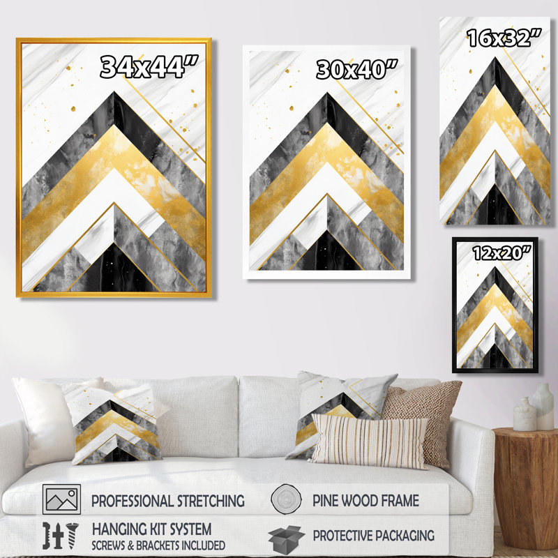 Chevron gris, blanc et blanc - art mural géométrique, salon, Toile tendue, H 20 po x l 12 po x P 1 po