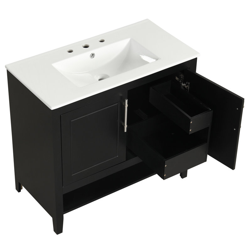 Meuble-lavabo 36 po avec lavabo, armoire de salle de bain multifonctionnelle avec portes et tiroirs, cadre en panneau de fibres à densité moyenne et panneau de fibres à densité moyenne, noir