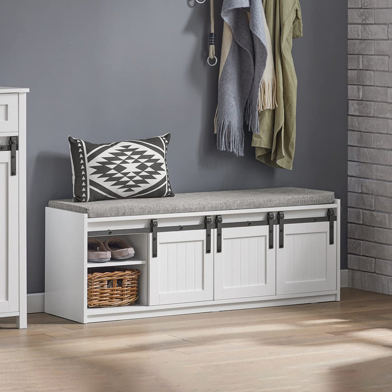 White Rustic Style Storage Bench with Sliding Barn Doors and Padded Seat Cushion