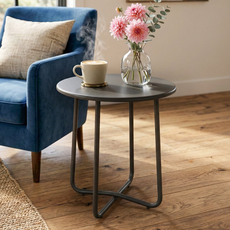 Round Metal Outdoor Side Table , 48cm cm W 48cm cm D, Dark Grey