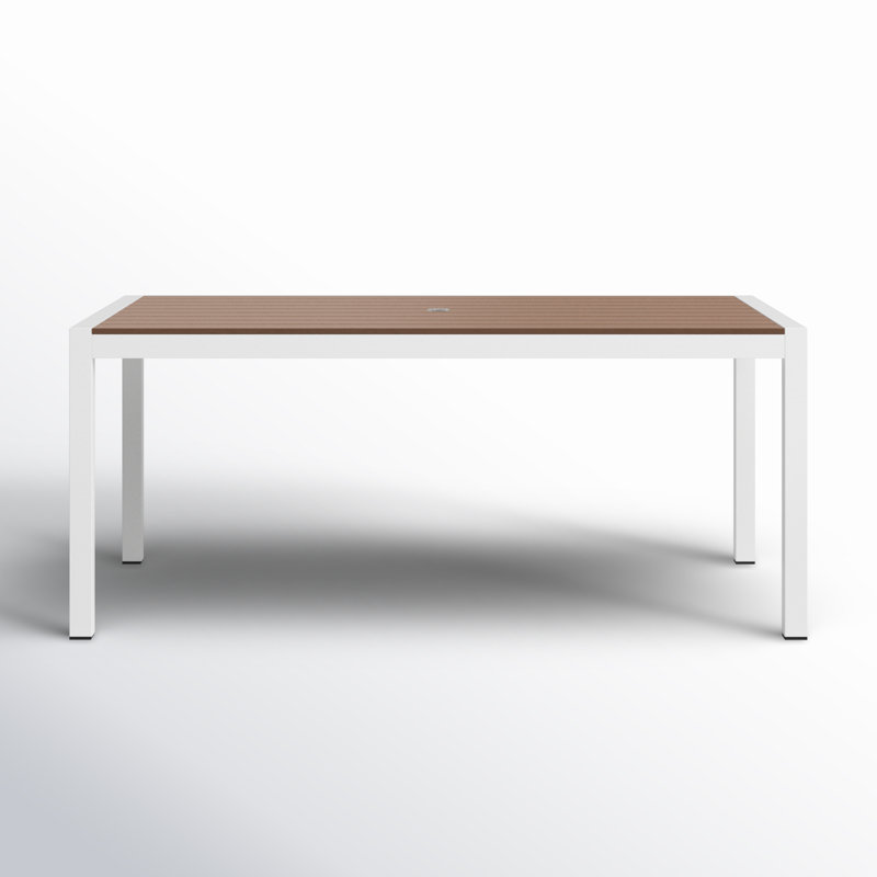 Aynura Rectangular Metal Outdoor Dining Table With Umbrella Hole , 71'' in. W 35'' in. D, Silver, Teak
