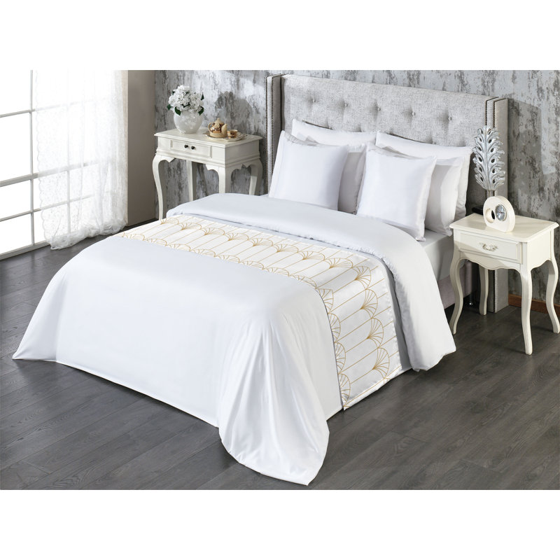  Chemin de lit géométrique en satin, Très grand, Blanc sable brun