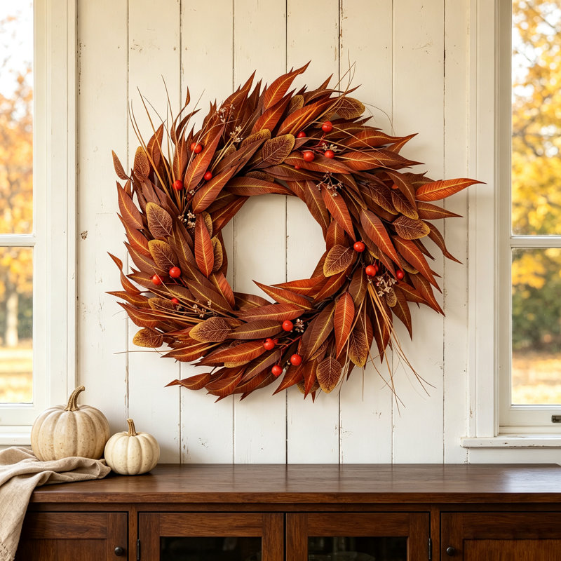 Couronne d'automne artificielle de 55 cm avec baies, couronne rustique de feuilles d'olivier artificielles pour porte d'entrée, décoration automnale de style ferme