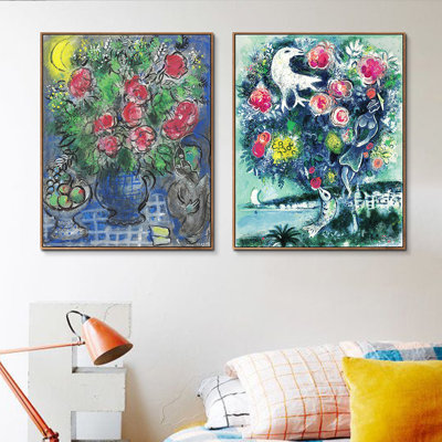 Reproduction d'art numérique sur toile encadrée, 2 pièces par Marc Chagall, série d'art mural n ° 13 pour les décorations de bureau à domicile (cadre de couleur bois mince, 18 po x 24 po chaque pièce)