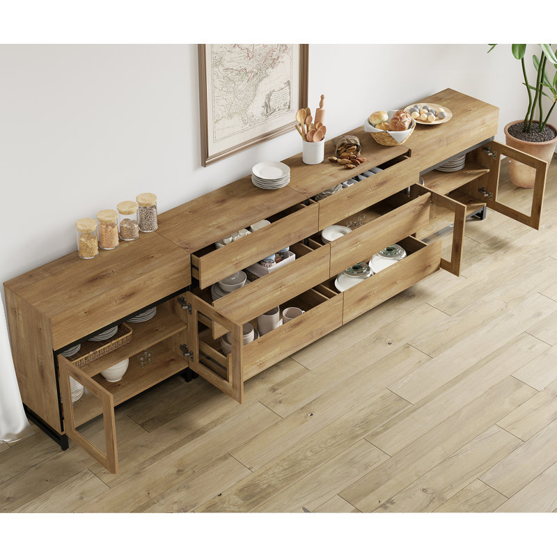 Buffet 4 en 1 moderne avec tablettes réglables et 8 tiroirs, armoire à café pour le salon, cuisine, Chêne