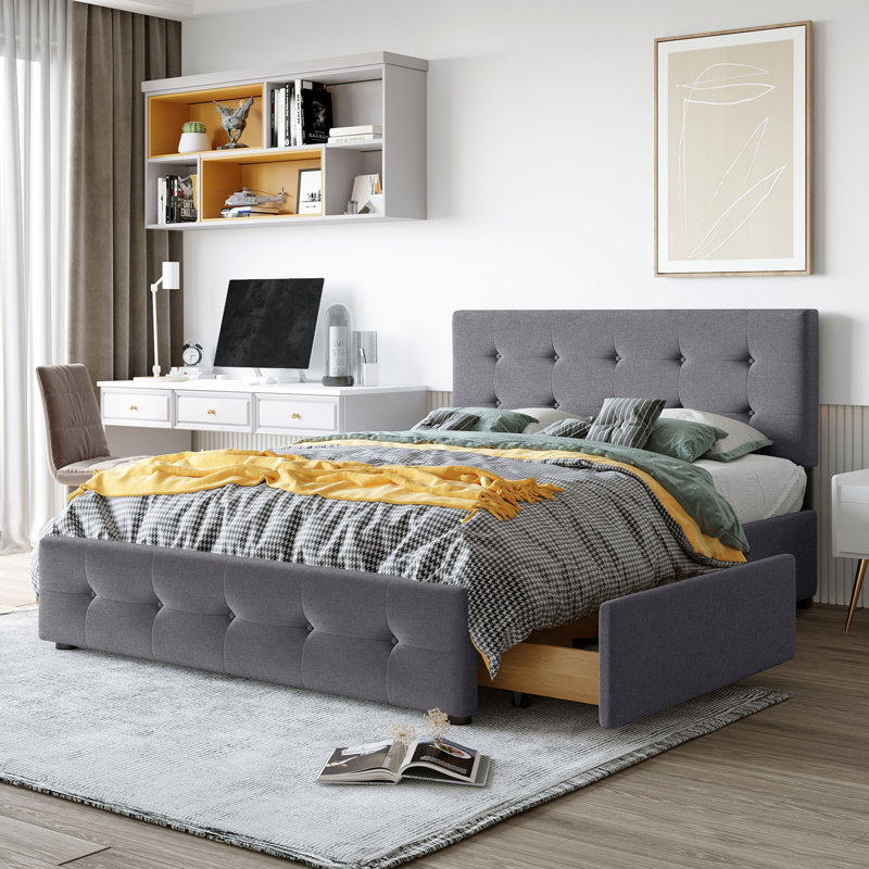 Queen Size Upholstered Platform Bed with Classic Headboard, 4 Drawers, Linen Fabric, No Box Spring, Dark Gray, Gray