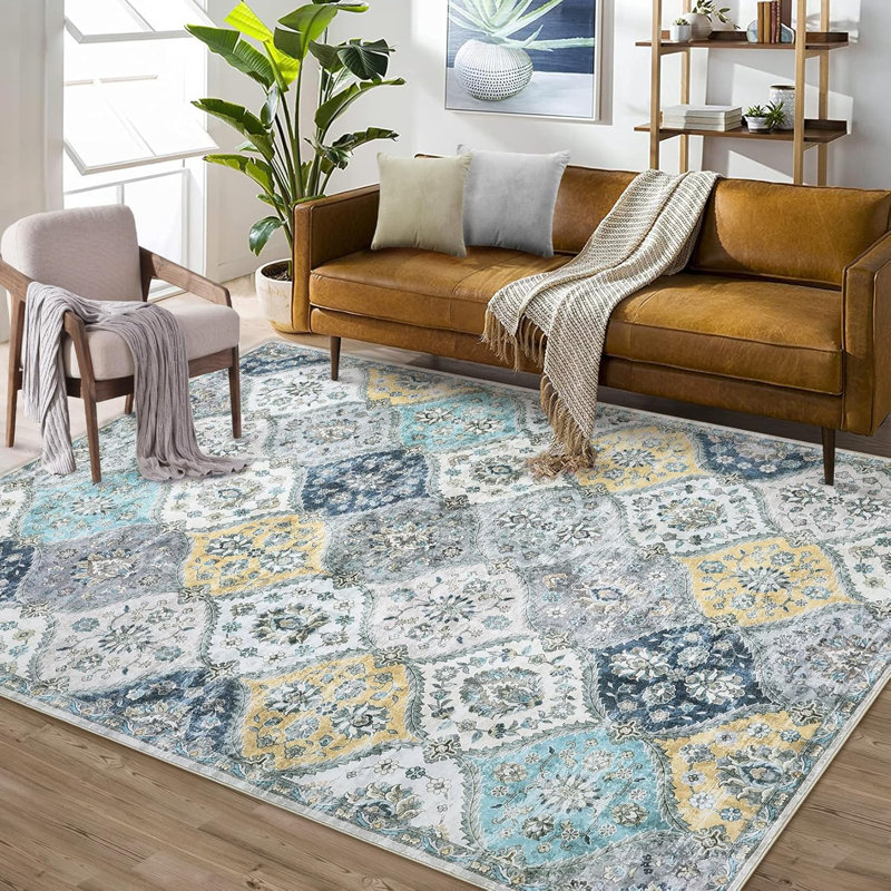 Vintage Flower Rug – Washable, Stain-Resistant, Faux Wool Accent Carpet for Living Room, Bedroom, Easy Clean (Orange)