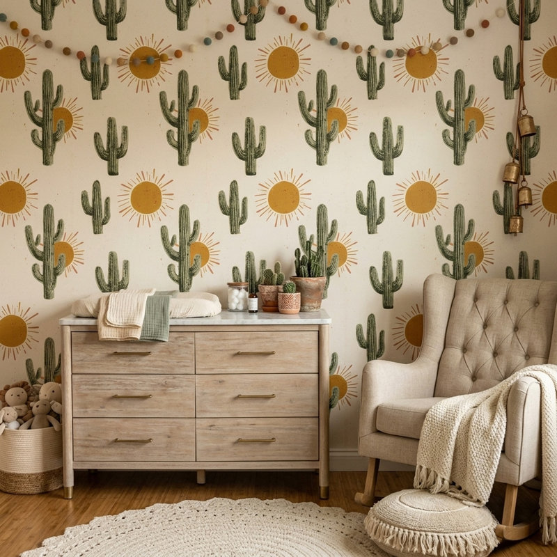 Décoration murale amovible Saguaro Cactus Desert Sunburst, Peler et coller