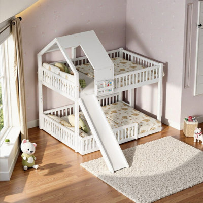 AVELOR Solid Wood Full XL Over Queen Bunk Bed With Slide & Ladder For Kids Teens