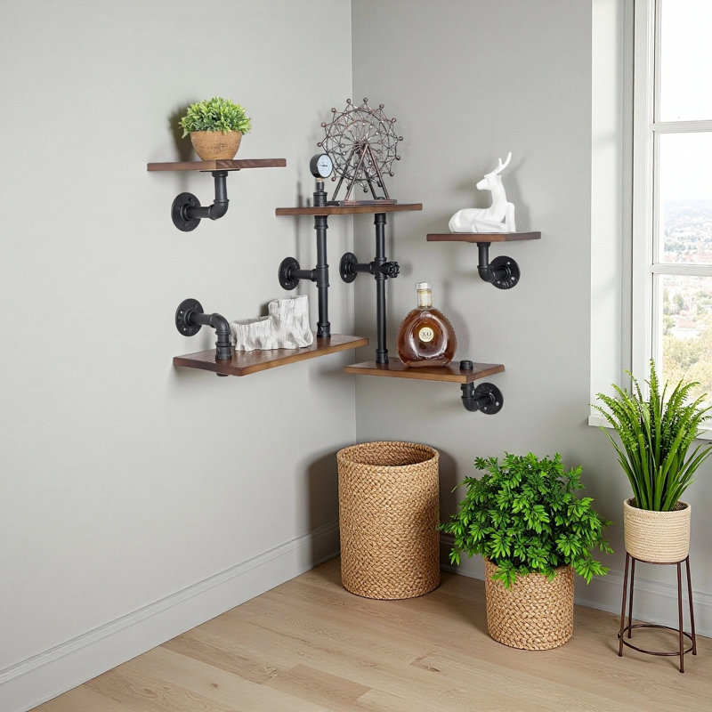 Industrial Rustic Modern Wood Ladder Pipe Wall Mounted Floating Shelves - Set Of 3 Bookshelf,DIY Storage Shelving,Hung Bracket,Bookcase (Set Of 3 Ladder Shelves)