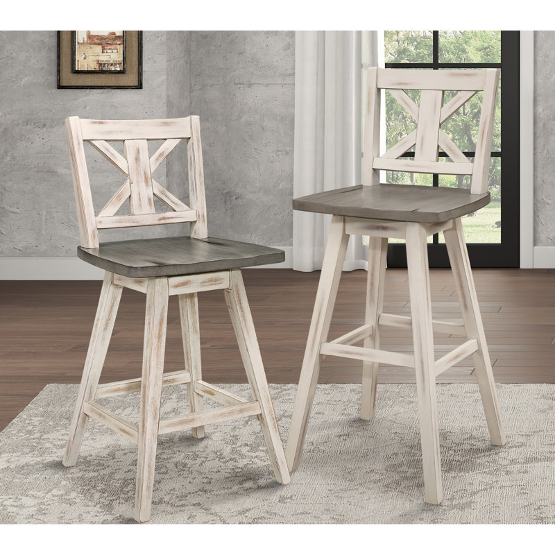 2Pcs Distressed Gray & White Solid Wood Pub Height Chairs With 360-Degree Swivel For Dining Area Of 2 Chairs, And White,