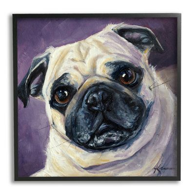 «Purple Pug Face», portrait encadré sur bois par Lindsay Kivi, peinture d'art