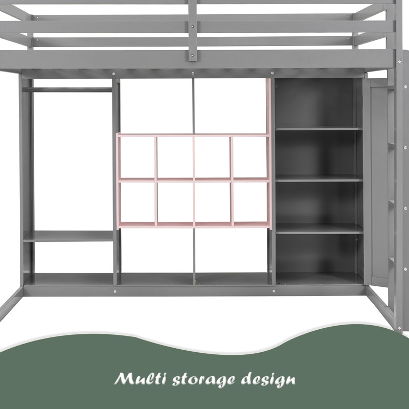 Lit mezzanine en bois avec garde-robe, tablettes et armoire, Gris, Lit double