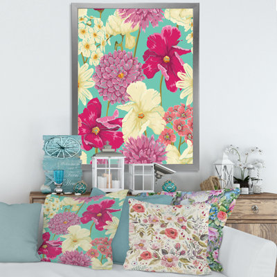 Fleurs roses et jaunes rétro - peinture sur toile
