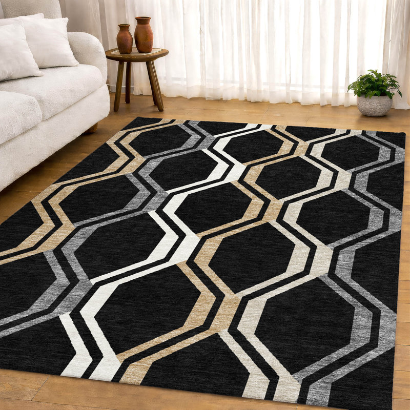 Premium Machine Washable Mayfield AMF2326 Mid-Century Modern Rug, 8' x 10', Black