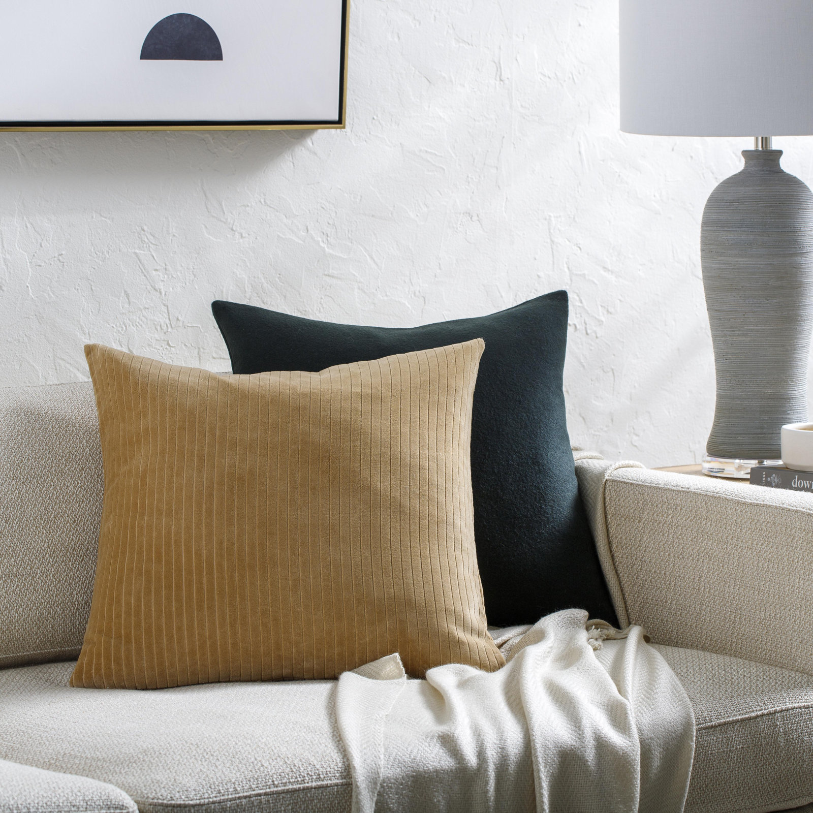 Cotton Throw Pillow, Down, 20" x 20", Tan