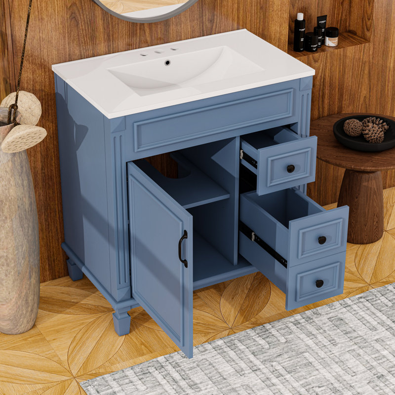 Meuble-lavabo avec lavabo en céramique, 2 tiroirs et tablette réglable, Bleu