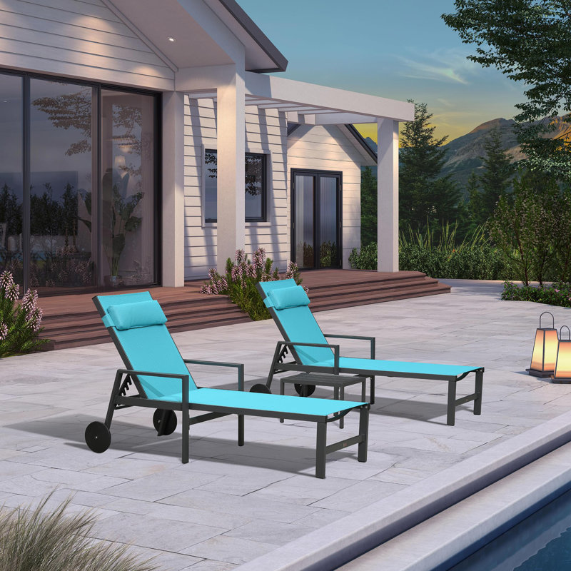  Ensemble de 3 chaises longues d'extérieur pour terrasse avec cadre en aluminium et accoudoirs, Bleu