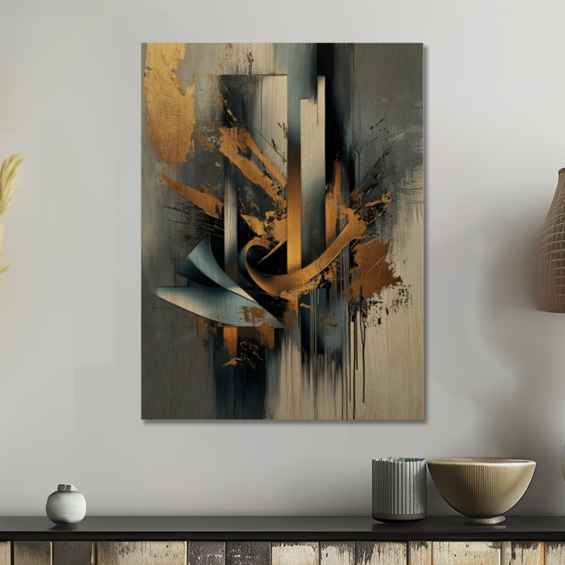 Harmonie de l'Arc d'Or I - Tableau abstrait en bois, H 24 po x l 18 po, Rectangulaire