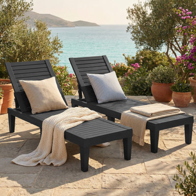 74.56"L Adjustable Outdoor Resin Chaise Lounge Chair(Black)