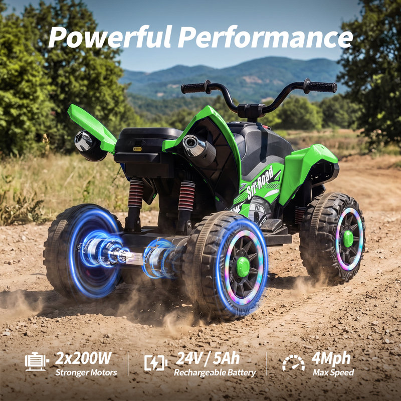 Outfunny 24V Kids ATV 4 Wheeler, Kids Ride On Toy avec roues lumineuses à DEL, musique et port USB - Vert, Vert