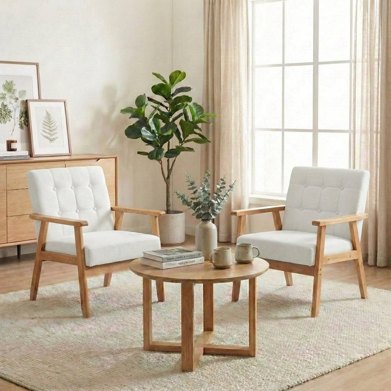 Nordic Style Solid Wood Upholstered Armchair, White