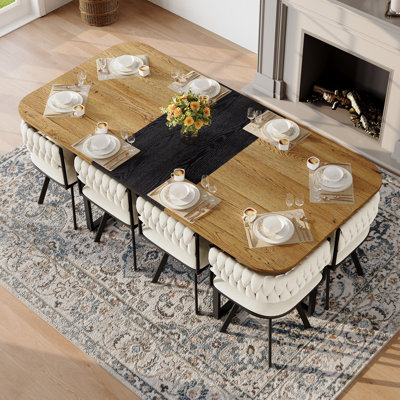 Ensemble de table de salle à manger moderne pour 8 chaises en bois et en velours bicolores, idéal pour la famille