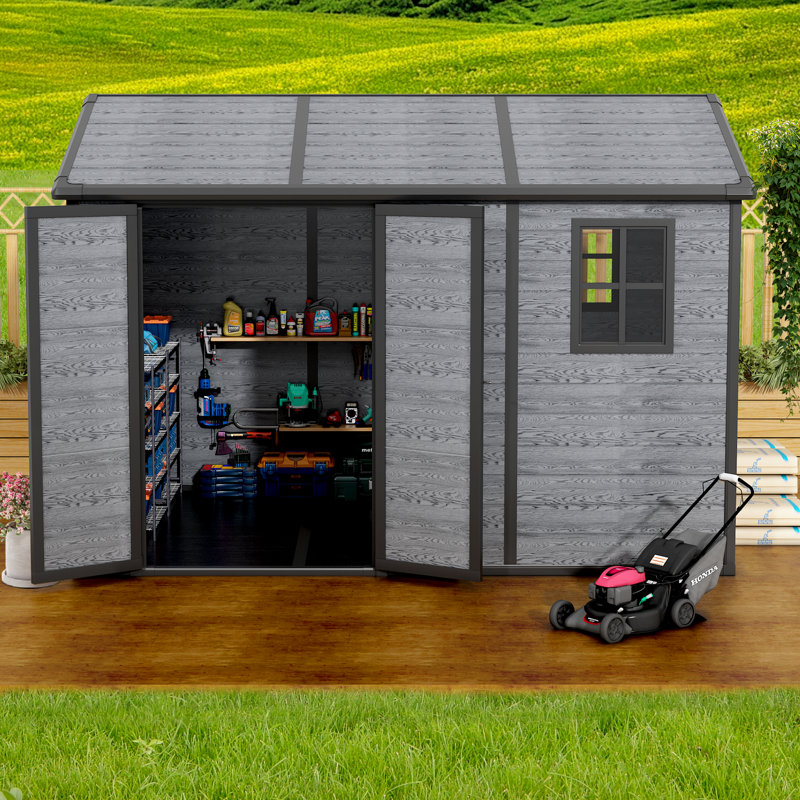 10x8 FT Outdoor Storage Shed with Floor, Weather-Resistant Resin Shed with Double Windows, Lockable Door and Vents, Plastic Outside Tool Storage Sheds for Garden, Backyard, Lawn