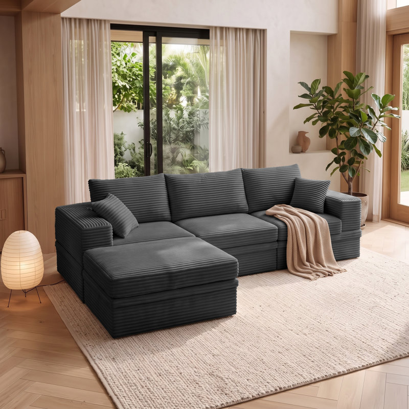 Canapé de coin modulaire 3 places en velours côtelé, 107 pouces, avec rangement et pouf., Dark Grey