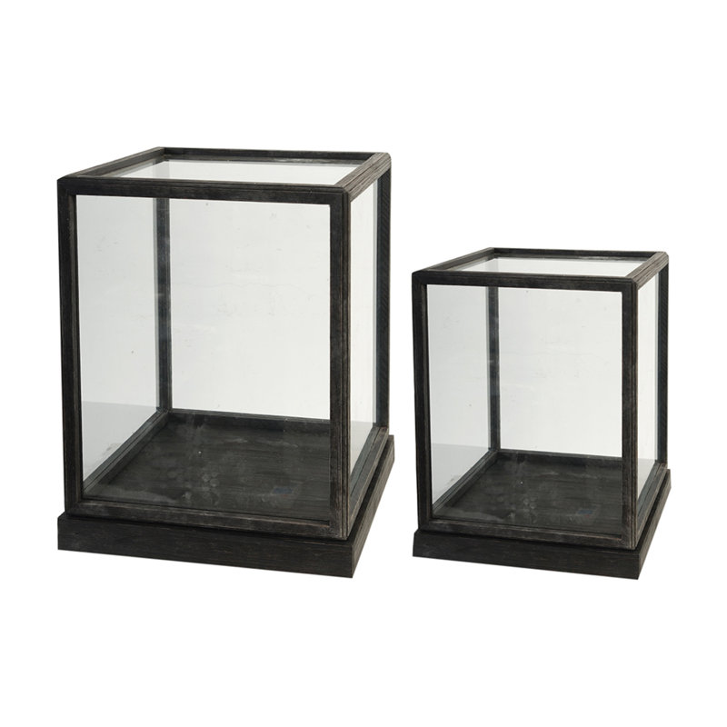 Ensemble de 2 boîtes de présentation Jeny, verre carré transparent avec cadre en bois de sapin noir