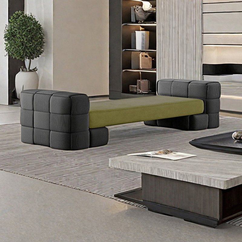 Banc rembourré en similicuir, H 22,83 po x l 62,99 po x P 22,83 po, Gris / Vert foncé