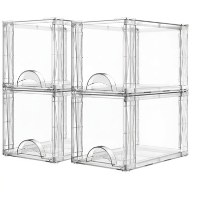 Bac de rangement empilable en plastique transparent avec porte avant incurvée, organisateur multi-usages pour chaussures, jouets et articles ménagers