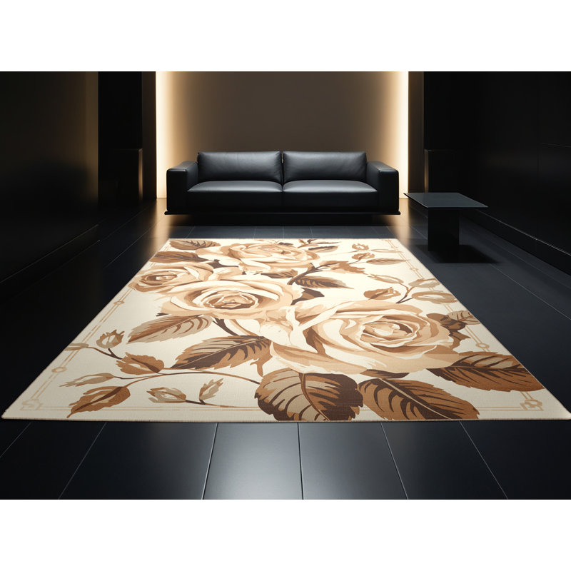 Tapis à motif floral de style champêtre beige lavable à la machine - Reliure beige, 6 po de diamètre