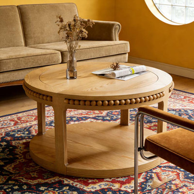 Table basse ronde à deux niveaux en bois massif avec pieds robustes