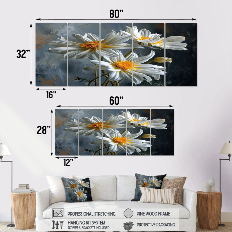 Shelva - marguerite, art mural 5 pièces, H 32 po x l 80 po
