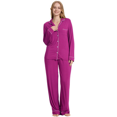  Women Pajama Sets Bathrobe Bamboo Long Sleeve Sleepwear Super-Soft Comfy Button Down Lounge Sleep Cooling Pjs Magenta XXL
