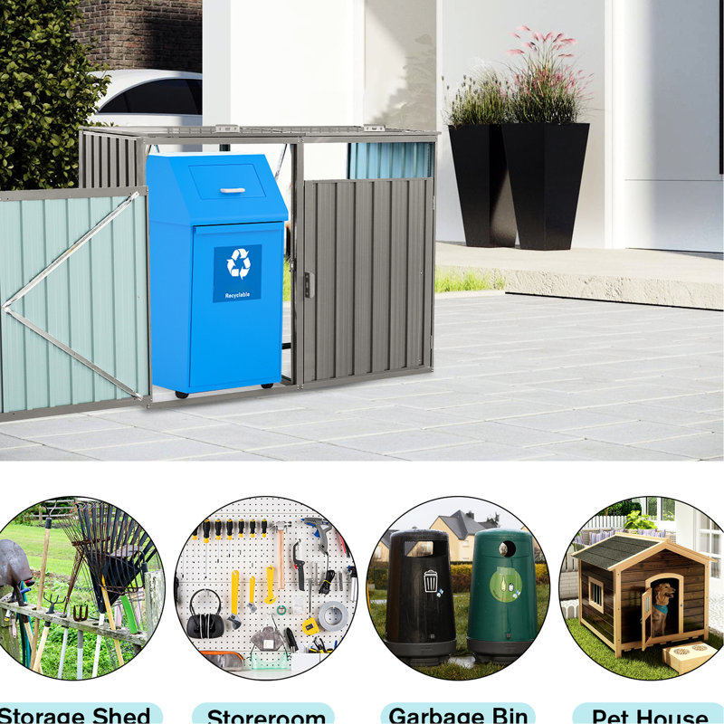 Metal Outdoor Garbage Bin Shed - Grey Stores 2 Trash Cans Galvanized Steel, , , Easy To Clean For Scratch-, Ventilated With Openings