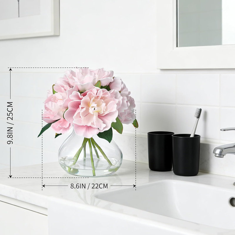 Pink Peonies Artificial Flowers with Glass Vase, Fake Flowers in Vase for Home Decor, Table Centerpieces, Bathroom Counter Deco