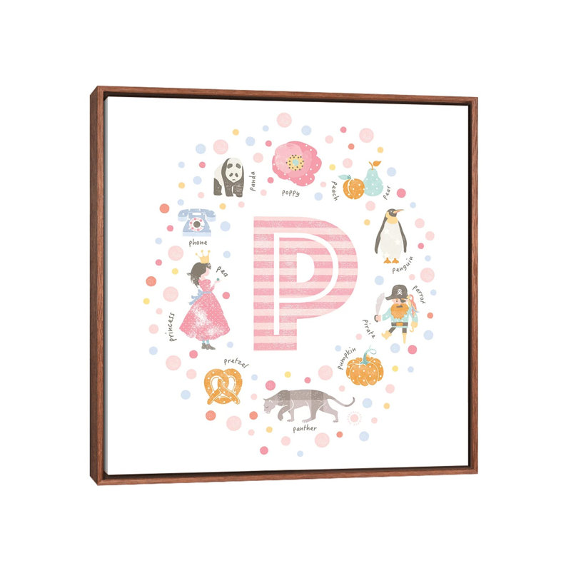 Lettre illustrée P rose - impression, H 18 po x l 18 po x 1,5 po, Toile avec cadre brun, Pas de tapis