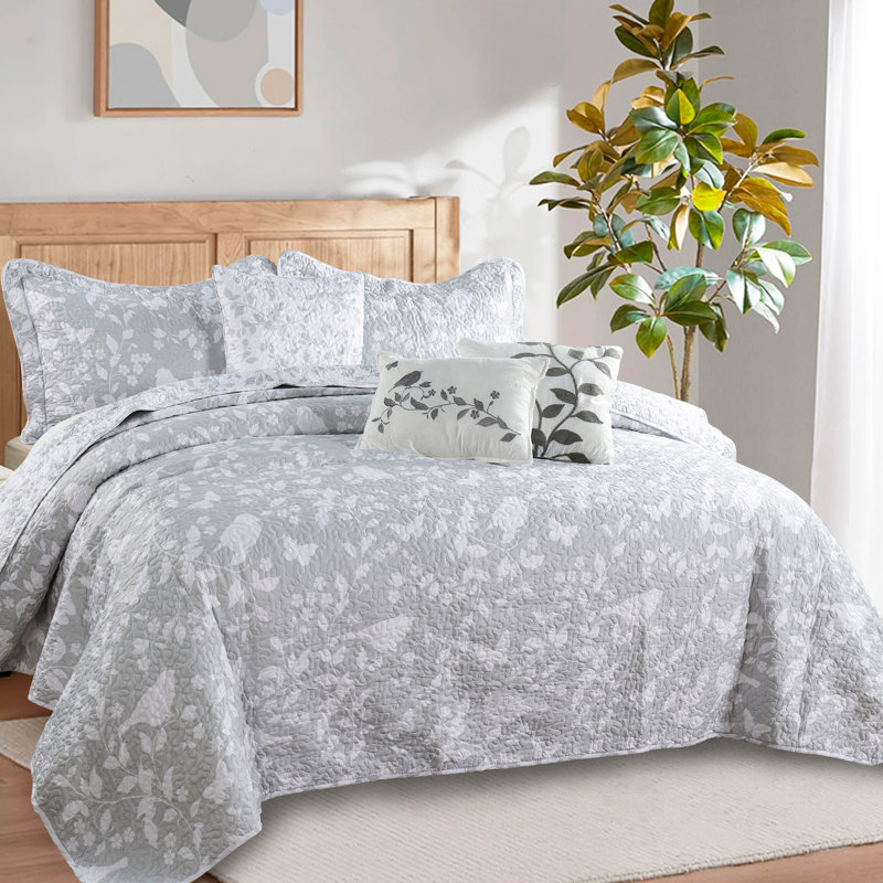 Ensemble de courtepointe 6 pièces en microfibre imprimée, Gris / blanc, Couvre-lit très grand + 2 très grandes taies dé